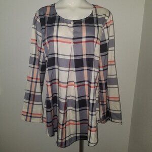 NWT Cestyle Plaid Top Size Medium Tabbed Sleeves Cream Peach Black Burgundy